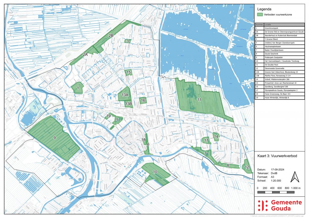 Dit is de kaart waarop de aangewezen vuurwerkvrije zones in Gouda te zien zijn. De verschillende gebieden worden op de pagina benoemd.]