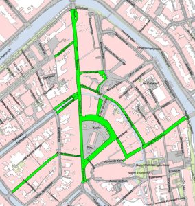Op de kaart staan de straten van het kernwinkelgebied in de Goudse binnenstad ingetekend. Het gaat om de straten Achter de Waag, Blauwstraat, Hoogstraat, Kleiweg, Kleiwegstraat, Korte Groenendaal, Lange Groenendaal, Lange Tiendeweg, Markt, Nieuwe Markt (tussen Sint Anthoniestraat en Nieuwstraat), Nieuwstraat, Sint Anthoniestraat, Turfmarkt (tussen Kleiweg en Naaierstraat), Wijdstraat en Zeugstraat.